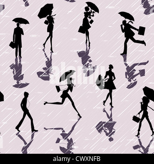 Seamless pattern with silhouettes of people with umbrellas in a rainy day Stock Photo