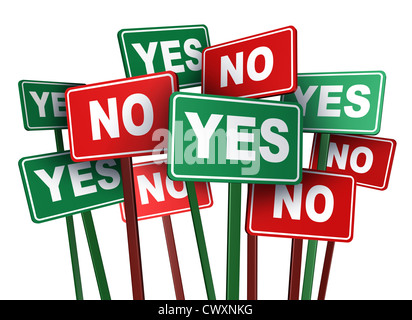 Voting yes or no with opposing and conflicting green and red campaign signs representing politics and important political issues that divide social opinion resulting in mass protest and demonstrations. Stock Photo