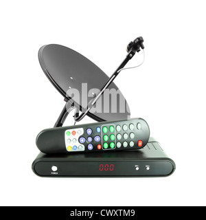 Set of receive box remote and dish antenna on white Stock Photo
