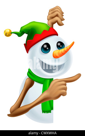 Illustration of a cute happy Christmas snowman in pixie or elf hat pointing Stock Photo