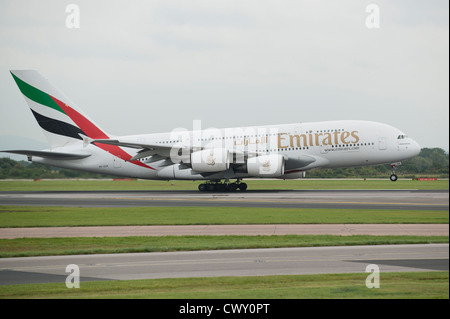 An Emirates Airbus A380 taking off from Manchester International Airport (Editorial use only)