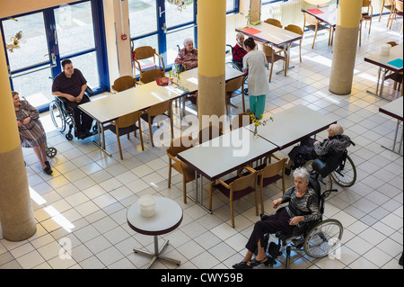 Wheelchaired residents in retirement home, EHPAD, Strasbourg Alsace France Europe Stock Photo