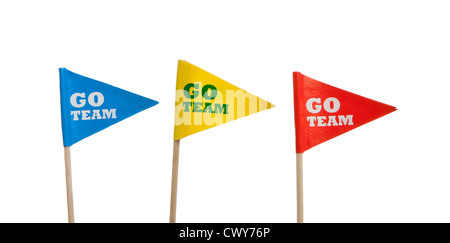 Red, yellow and blue 'Go Team' pennants on a white background with copy space Stock Photo