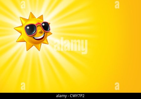 Smiling hot sun as a summer sunny character with sunglasses as a happy ball of glowing warm seasonal fun and a symbol of vacation and relaxation on a yellow radiant background. Stock Photo