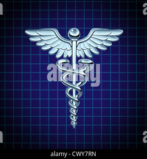 Caduceus health care symbol and medical icon as a medicine concept with snakes crawling on a pole with wings on a chrome metal texture on a black graph background. Stock Photo