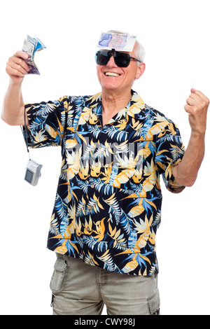 Happy wealthy senior man holding money and camera, isolated on white background. Stock Photo