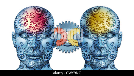 Business working relationship with two human heads sharing creative ideas made of gears and cogs representing business people in partnership cooperating together in unity for financial success on white. Stock Photo