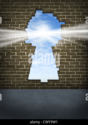 Break through and the solution or answer to success as a breaking down walls concept for business or a free your mind icon for p Stock Photo