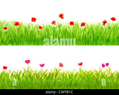 Two Grass Seamless Border Watercolor Hand Drawn and Painted, Isolated on White Background Stock Photo