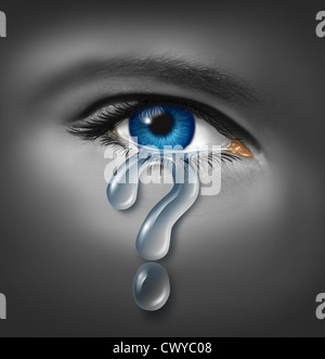 Depression Symptoms and understanding the mood swings that result in feeling sad and down caused by stress helplessness and hopelessness with a close up of a human eye with a crying tear drop in the shape of a question mark. Stock Photo