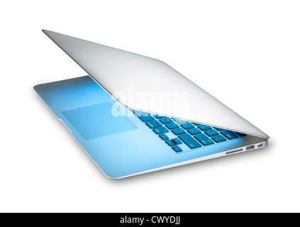 Modern silver aluminum laptop with blue light from screen isolated on white background. Popular thin computer in half open view. Stock Photo