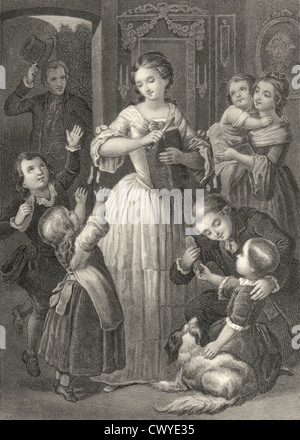 mother Lotte is giving bread to the children, an idyllic scene from The Sorrows of Young Werther by Johann Wolfgang von Goethe Stock Photo