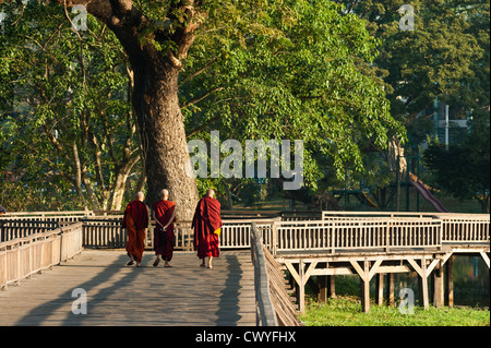 Monks walking on a boardwalk over Kandawgyi Lake in Kandawgyi Park, Yangon, Burma, Yangon, Burma/Myanmar Stock Photo
