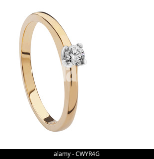 Single stone diamond engagement ring in yellow gold Stock Photo