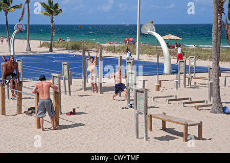 Ft Lauderdale Beach Florida the Fit Trail fitness system in South Beach Park. and basketball courts. Stock Photo