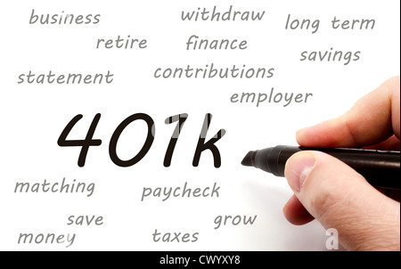 401k being handwritten around great terms such as retirement, business, account, money, save and more. Stock Photo