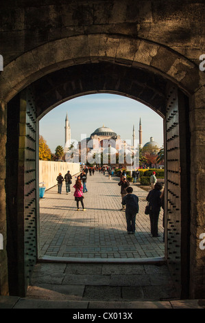 Aya Sofya or Haghia Sophia as seen through an arch in the Blue Mosque or Sultanahmet Camii in Istanbul Turkey Stock Photo