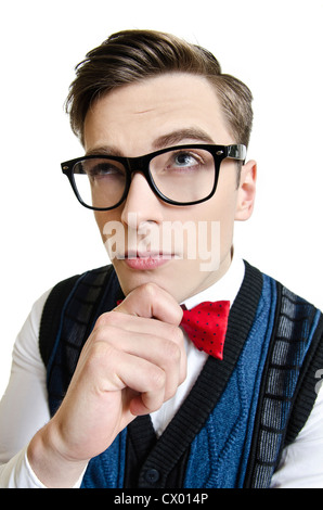 Man with glasses thinking Stock Photo