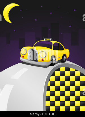 Yellow cab riding in the night on a gray road. Stock Photo