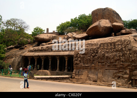 Mahabalipuram Arjuna Penance Stone carved Monument world Largest stone bas relief (UNESCO World Heritage site) Tamil Nadu,India Stock Photo