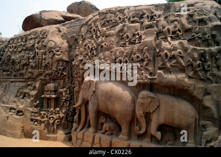 Arjuna Penance Stone Carvings in Mahabalipuram Tamil Nadu India, world largest stone bas relief and UNESCO world Heritage Sites Stock Photo