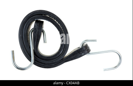 A new bungee cord with safety hooks wound tightly on a white background. Stock Photo