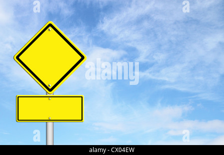 blank yellow traffic sign with blue sky blank for text Stock Photo