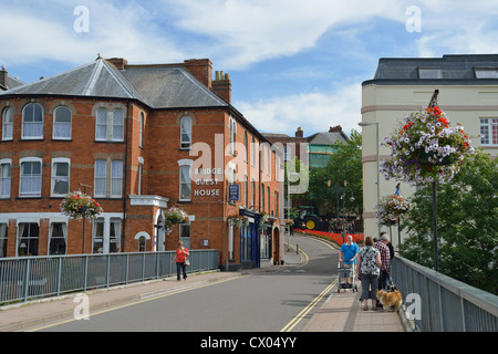 View towards Angel Hill from the bridge over River Exe, Tiverton, Devon, England, United Kingdom Stock Photo