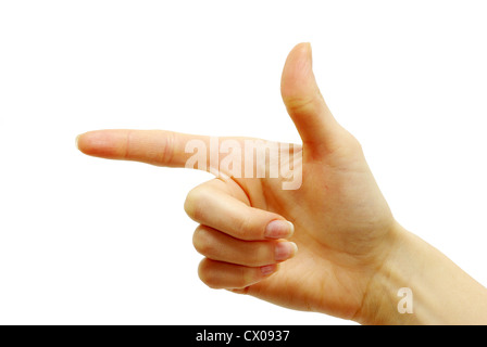 hand pointing with index finger against a white background Stock Photo ...