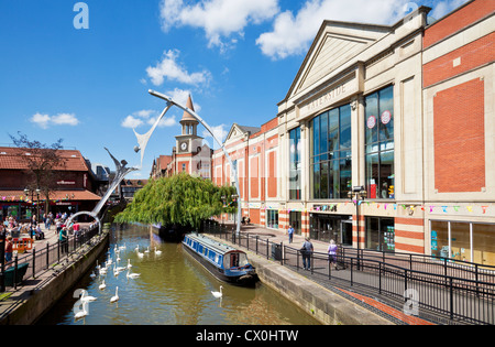 Waterside shopping centre and narrowboat on the river Lincoln city ...