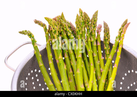 Closeup of fresh green asparagus in a metal colander with water droplets. Horizontal format isolated on white. Stock Photo