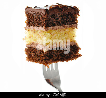 A piece of chocolate fudge layer cake on a fork Stock Photo