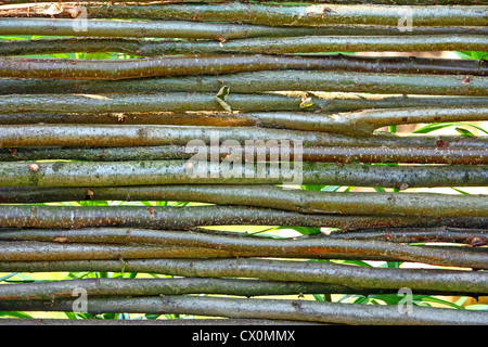 Wooden fence made from branches, natural Stock Photo