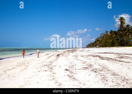 people walking on a deserted beach of white sand, Bwejuu, zanzibar africa Stock Photo