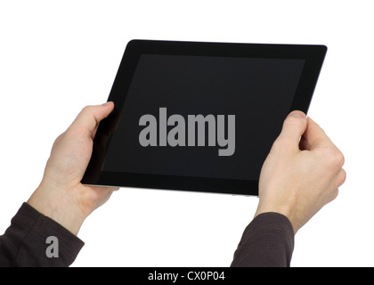 hands are holding the touch screen device Stock Photo