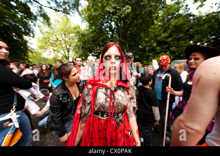 Dublin Zombie Walk - woman in red cape Stock Photo