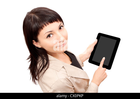 Woman using digital tablet computer isolated on white background. Stock Photo