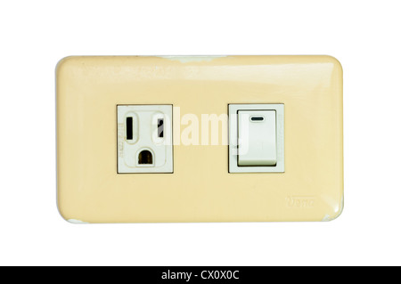 Old multi power combination light switch and power outlet isolated on white Stock Photo