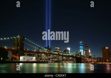 Tribute in Light, 9-11 memorial in Manhattan, New York City. Seen from Brooklyn on september 12 2012. Stock Photo