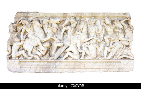 Bas-relief on the side of the ancient Roman sarcophagus. Stock Photo
