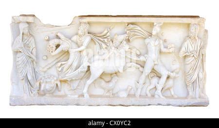 Bas-relief on the side of the ancient Roman sarcophagus. Stock Photo