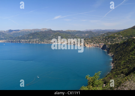 aerial view of Paradiso Gulf with Camogli, Recco and Sori village, Liguria, italy Stock Photo