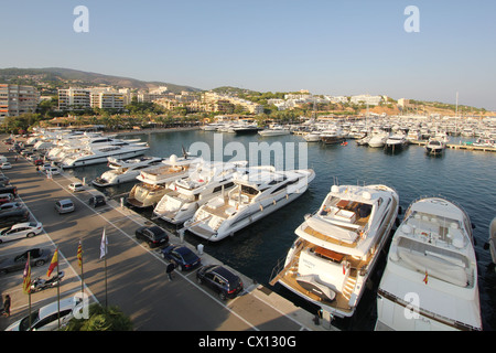 Puerto Portals Marina at late afternoon - luxury superyachts + restaurants + boutiques - Calvia, South West Mallorca / Majorca Stock Photo