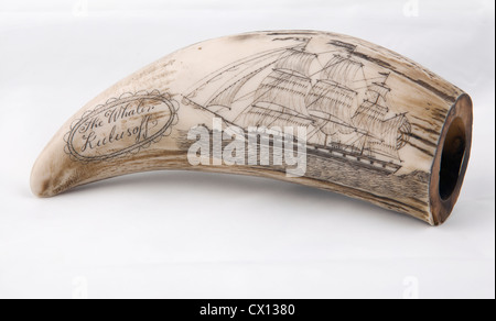 Whale tooth scrimshaw inscribed with 'The Whaler Kulusoff' and an etching of the ship (probably a replica). Stock Photo