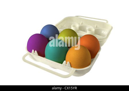 six colored easter eggs in an eggbox Stock Photo