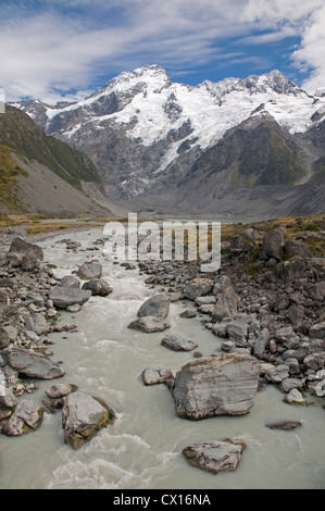 Glacial water flowing off the Hooker and Mueller glaciers join forces near Mount Cook village, with Mount Sefton dominating afar Stock Photo