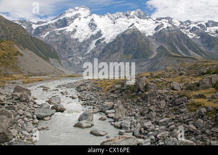 Glacial water flowing off the Hooker and Mueller glaciers join forces near Mount Cook village, with Mount Sefton dominating afar Stock Photo