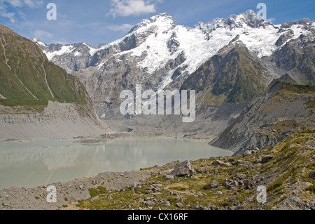 Glacial water flowing off  Mueller glacier into a lake near Mount Cook village, with Mount Sefton dominating afar Stock Photo