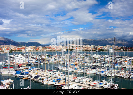 Port full of luxury motorboats, powerboats, yachts, boats in the city of Split in Croatia, Dalmatia region. Stock Photo