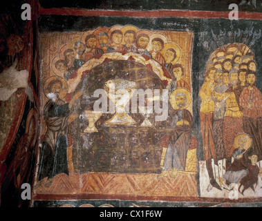 Byzantine art. Turkey. Church of St. John. 11th century. Fresco depicting the Last Supper. Gulsehir. Stock Photo